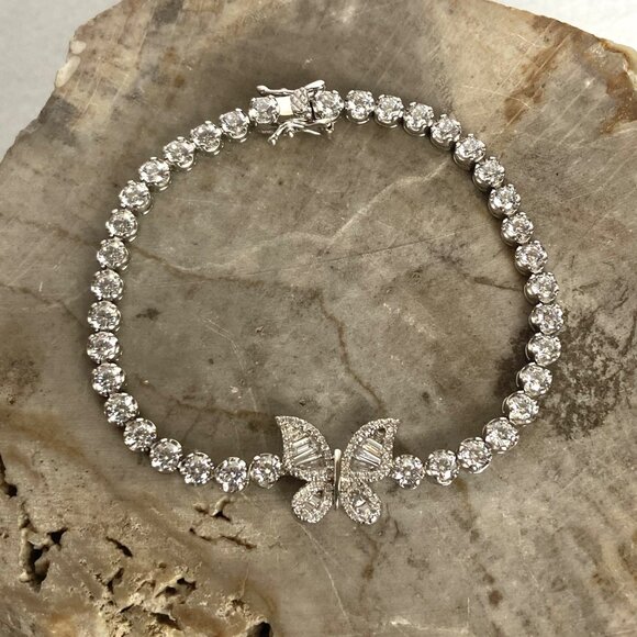 Sterling Silver 925 Round Cubic Zirconia Butterfly Tennis Bracelet 7" - Picture 2 of 16